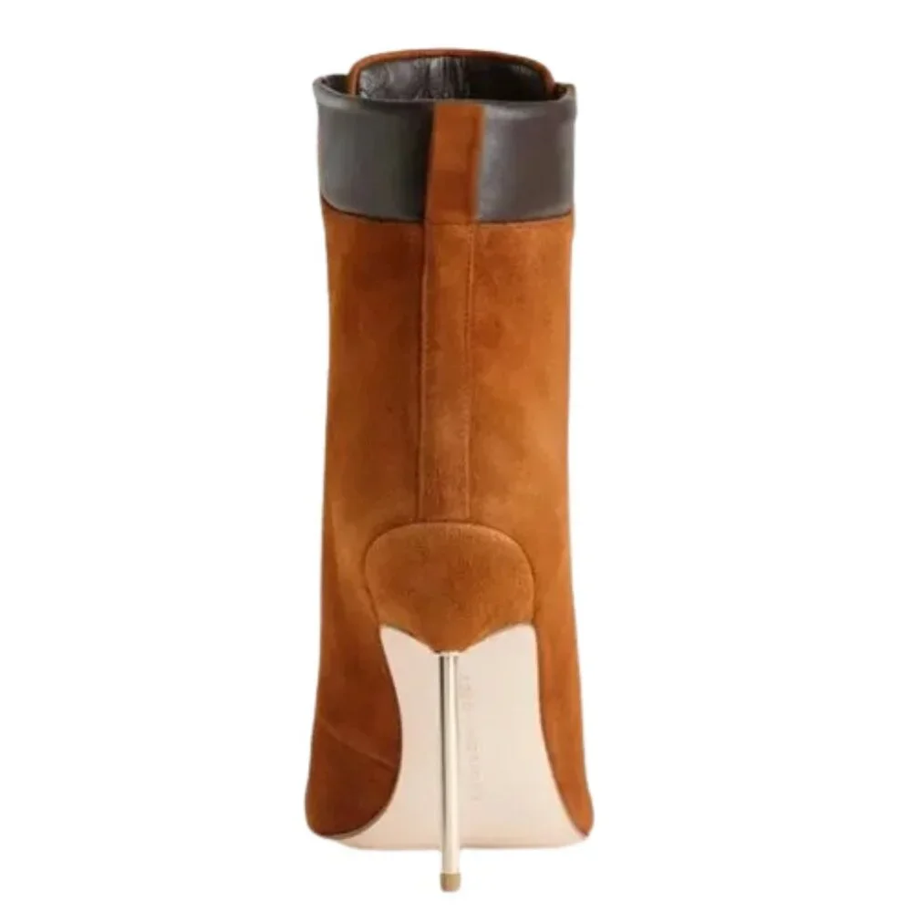 Good American Scandal Brown Suede Lace Up Gold Heel Point Toe Booties